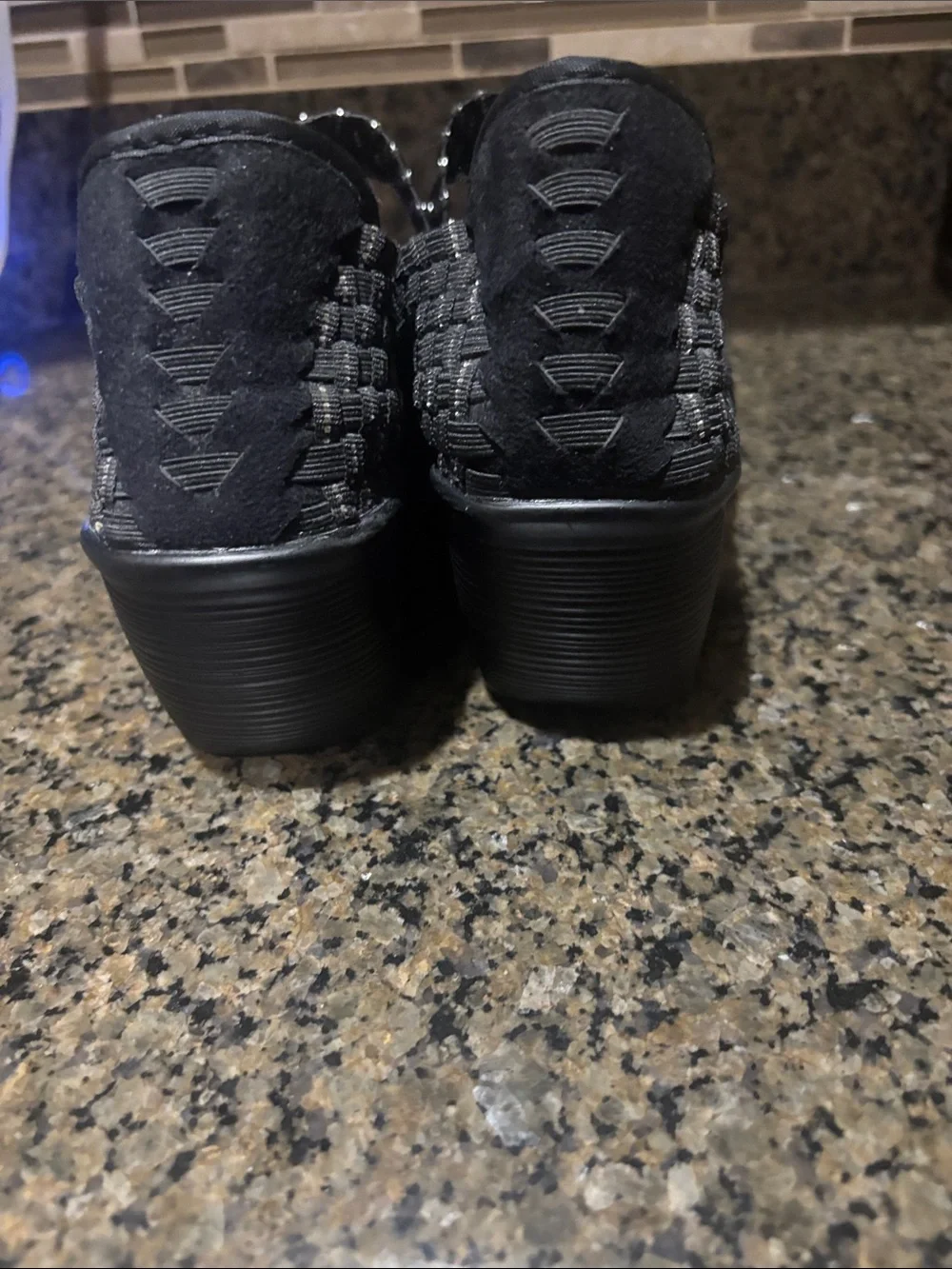 bernie mev. Black & Silver Woven Wedge Sandals